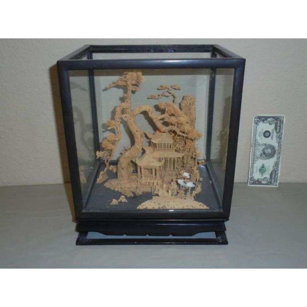 Vintage Chinese carved cork diorama in black ebonized shadow box